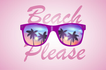 Sunglasses with Palms Reflection Vector illustration Background. Pink sunset