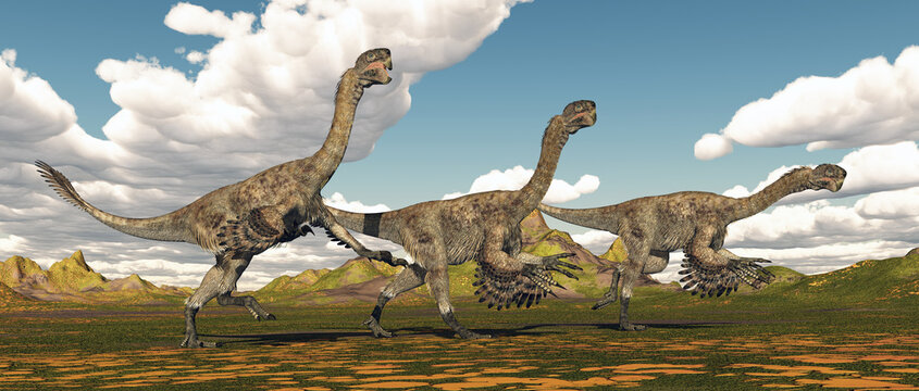 Theropoder Dinosaurier Citipati in einer Landschaft