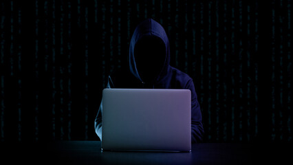 Cyber hacker attack concept. Internet web hack technology. Digital laptop in hacker man hand...