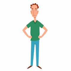 a thin, red-haired man with his hands on his waist. Vector illustration in a flat cartoon style.