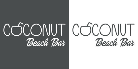 Logotipo de bar tropical. Logo bebida de agua de coco. Banner con texto Coconut Beach Bar con coco con forma de letra O con líneas en fondo gris y fondo blanco