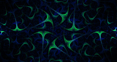 Abstract fantastic fractal background of intertwining glowing blue and green shapes. Digital fractal art. 3d rendering.
