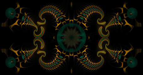 Intricate gold and green abstract fractal texture on dark background.