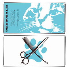 Grooming pets business card. Cat muzzle and scissors with comb