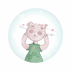 Kitten, kitty in love snuggling her hands over cheeks, face, dressed in green dress decorated by transparent flowers. Cat's head framed by circle decorated by hearts and love message, text, greeting.