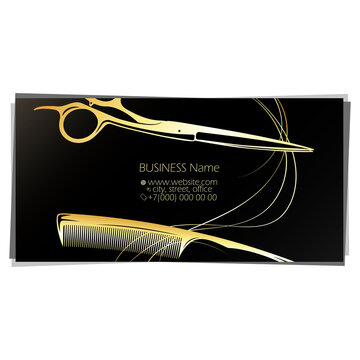 Golden scissors and comb on a black background business card. Hair stylist and beauty salon