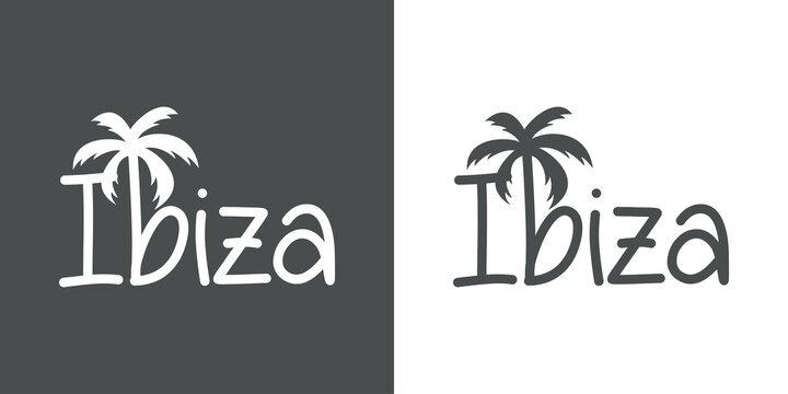Ibiza Beach. Destino de vacaciones. Banner con texto Ibiza con letra con forma de silueta de palmera en fondo gris y fondo blanco