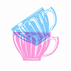 Coffee or tee cups.Colorful cute screen printing effect. Riso print effect. Vector illustration. Graphic element  for fabric, textile, clothing, wrapping paper, wallpaper, poster.
