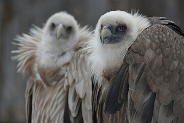 The griffon vulture fluffing its feathers sits in the zoo in the winter in an open enclosure. Zoo Penza Russia