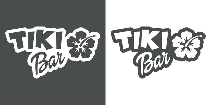 Beach bar. Banner con texto Tiki Bar con silueta de flor de hibisco en fondo gris y fondo blanco