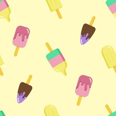 Seamless pattern with tasty sweet summer ice creams, sundaes, gelatos with different tasties in popsicles with different topping.Vector illustration for web, design, print