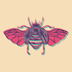 Beetle. Colorful cute screen printing effect. Riso print effect. Vector illustration. Graphic element  for fabric, textile, clothing, wrapping paper, wallpaper