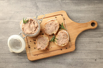 Concept of tasty food with pate sandwiches, top view