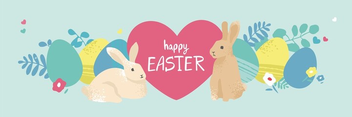 Happy easter horizontal banner template. Traditional holiday rabbits with big heart, eggs, floral elements, flowers isolated on blue. Abstract modern spring poster. Flat cartoon vector illustration.
