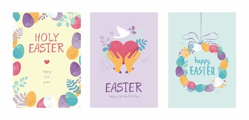 Fototapeta na wymiar Set of Easter cards template in pastel colors. Collection of posters for a traditional spring holiday with eggs, floral elements, flowers, wreaths, a heart, bird. Cute cartoon vector illustration 