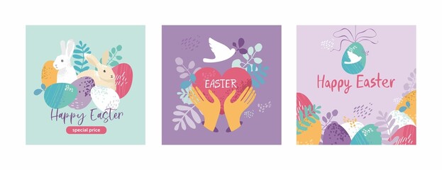 Fototapeta na wymiar Set of Easter cards template in pastel colors. Collection of posters for traditional spring holiday with eggs, floral elements, flowers, wreath, a heart, bird, hare. Cute cartoon vector illustration 