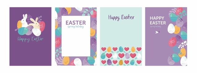 Fototapeta na wymiar Set of Easter cards template in pastel colors. Collection of posters for a traditional spring holiday with eggs, floral elements, flowers, wreaths, a heart, bird. Cute cartoon vector illustration 