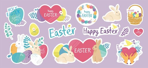 Set of stickers for the spring Easter holiday is isolated on purple. Collection of symbols with flowers, rabbits, eggs, floral elements, flowers for decoration of cards, posters. Vector illustration
