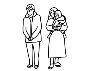 若い父親と若い母親に抱かれた幼児の線画イラスト