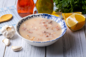Traditional delicious Turkish food, Turkish traditional tripe soup; iskembe corbasi and offal soup, Turkish Meat Soup Kelle Paca (Turkish name; Kelle paca corbasi)