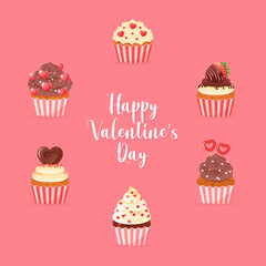 Happy Valentine's day card decorated with cartoon cupcakes. Collection of sweet muffins with a cream, strawberry and hearts. Vector illustration 10 EPS.