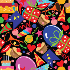 Happy Birthday! Seamless festive pattern with holiday attributes, cake, flags. Vector image.