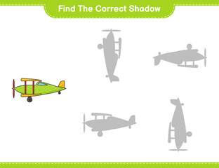 Find the correct shadow. Find and match the correct shadow of Plane. Educational children game, printable worksheet, vector illustration