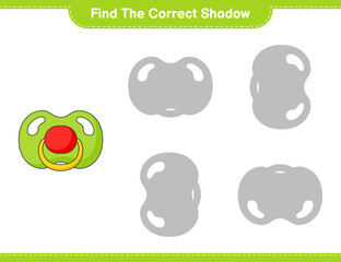 Find the correct shadow. Find and match the correct shadow of Pacifier. Educational children game, printable worksheet, vector illustration