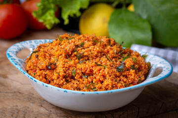 Traditional delicious Turkish foods appetizer: bulgur salad (kisir)
