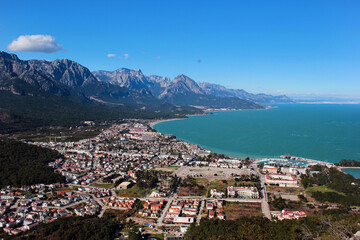 Obraz premium Aerial view of Kemer, a seaside resort town and district of Antalya Province on the Mediterranean coast of Turkey