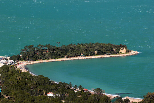 Aerial view of coastal Yoruk Park in Kemer, a seaside resort town and district of Antalya Province on the Mediterranean coast of Turkey