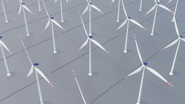 Static 3D render. Rotating wind turbines on a flat surface