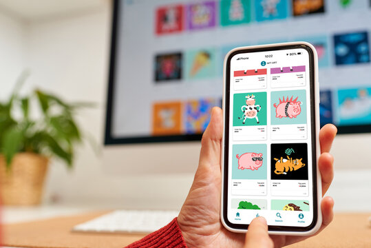 Close up of an NFT marketplace on a mobile phone