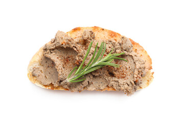 Slice of bread with delicious pate and rosemary isolated on white, top view