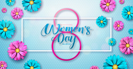 8 March. Happy Women's Day Floral Illustration. International Womens Day Vector Design with Spring Flower on Light Blue Background. Woman or Mother Day Theme Template for Flyer, Greeting Card, Web