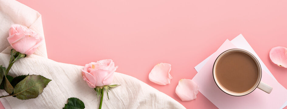Valentine's Day design concept background with pink rose flower and milk tea on pink background.