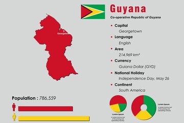 Guyana infographic vector illustration complemented with accurate statistical data. Guyana country information map board and Guyana flat flag