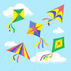 Fototapeta na wymiar Flying kites among the clouds in the blue sky. Beautiful colorful devices made of paper and cardboard. Great for summer card, web page, flyer, invitation, print. Vector illustration