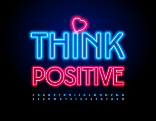Fototapeta na wymiar Vector motivation message Think Positive with decorative Heart. Blue Illuminated Font. Bright Neon Alphabet Letters and Numbers set