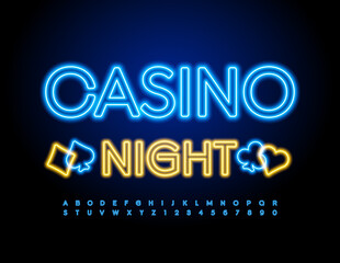 Vector neon flyer Casino Night. Led light Font. Blue glowing Alphabet Letters and Numbers set