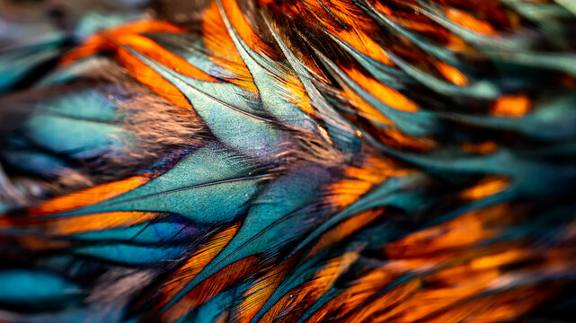 Rooster Feathers. Indian Rooster Bright Color Feathers.