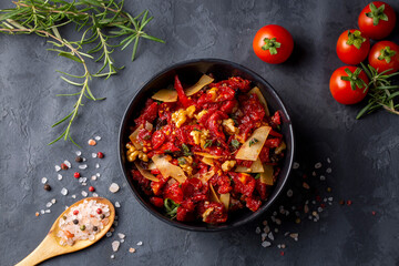 Traditional, delicious Turkish appetizers; Dried tomato appetizer salad with walnuts (Turkish name; Kurutulmus domates mezesi salatasi)