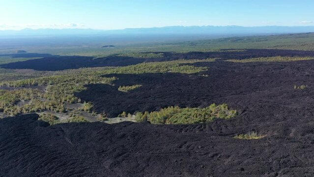 Autumn forest in frozen lava. Active volcano area aerial drone view