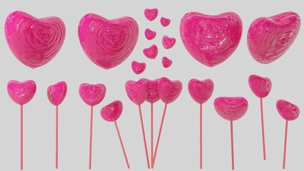 3d rendering, 3D illustration; Candy lollypop hearts in love for saint valentine's day model.