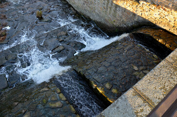 The dam of the breeding fish pond has a canal safety overflow similar to a weir. the water flows...