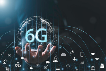 circle global network connection in hands .Global network connection 6G. network wireless systems and internet of things,Smart network and communication  with Global. objects icon connecting.