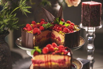Still life of tasty layered mousse cake