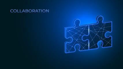 Merging puzzles. Concept for collaboration, integration and cooperation. Vector illustration in low poly style.