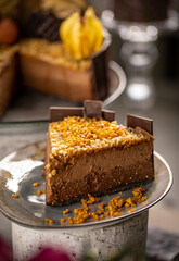Close up of layered chocolate mousse cake