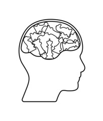 Human head, brain and chess pieces outline vector icon concept. Business concept vector illustration, to use in competition, business analysis, brainstorm, strategy, mental health projects.